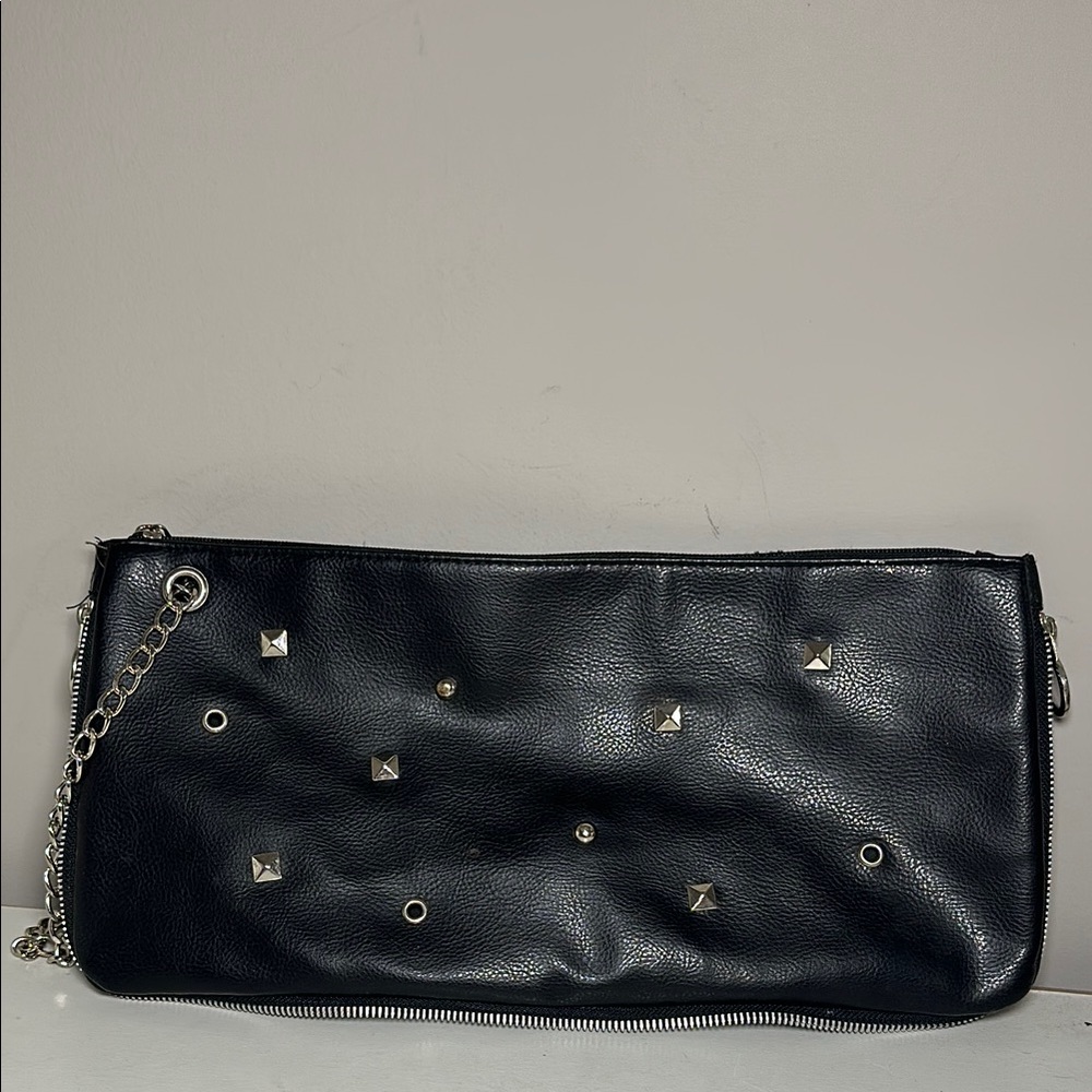 Black silver Studded faux Leather Clutch with chain expandable